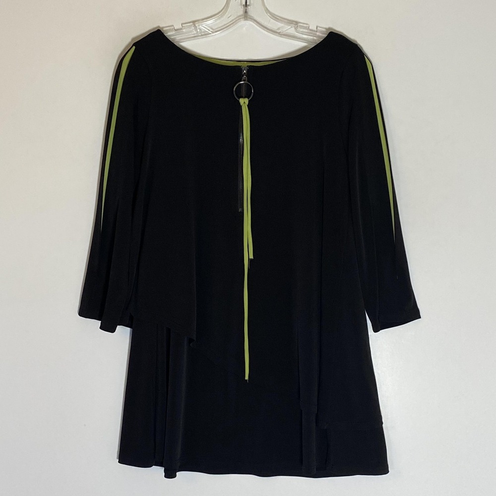 IC By Connie K Blouse Womens Small Black Lime Zip Front Asymmetrical Tunic